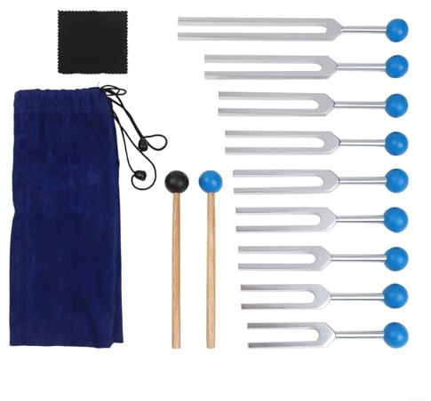 QuivyLivy Lot de 9 fourchettes accordées compatibles avec le kit d'équilibre des chakras et de thérapie de méditation avec fréquences de 174 Hz à 963 Hz, outils de guérison sonore en alliage