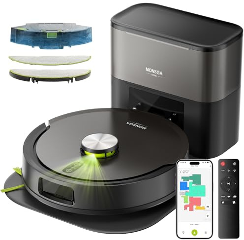 MONSGA Robot Vacuum with Mop Self Emptying, 8000Pa Suction, Lidar Navigation, Dual Anti-Tangle, Protective Charging Base Pad, 90 Days Hands-Free, APP/Remote/Voice Control, for Hard Floors and Carpets