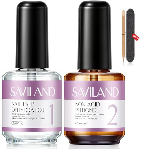 SAVILAND Nail Prep och Primer Gel – 2 st x 15 ml Syrafri Primer Naglar Semipermanent Dehydrerande Naturlig Nail Prep Set Perfekt för Konstdesign hemma, Hållbar Present