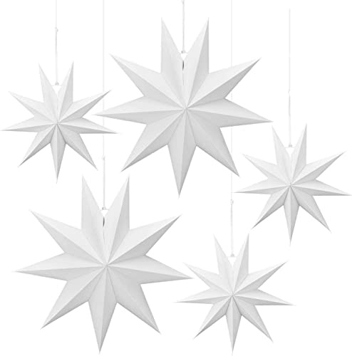 DealKits Lot de 5 étoiles en papier de Noël pliantes - 30 cm - Étoiles en papier - Pour décoration de Noël, chambre, fête, salon - Blanc