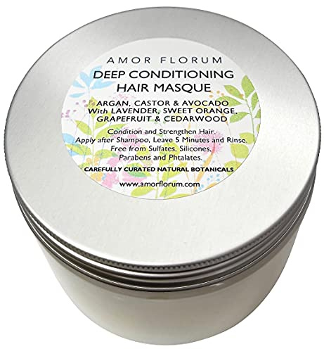 99% Natürlich PFLEGE HAARMASKE - RIZIN, ARGAN, AVOCADO mit LAVENDEL, ORANGE, GRAPEFRUIT & ZEDERNHOLZ - 350ml von AMOR FLORUM. pH 5,5 Ausgewogen. Stellen Sie Trockenes, Geschädigtes Haar Wieder Her.