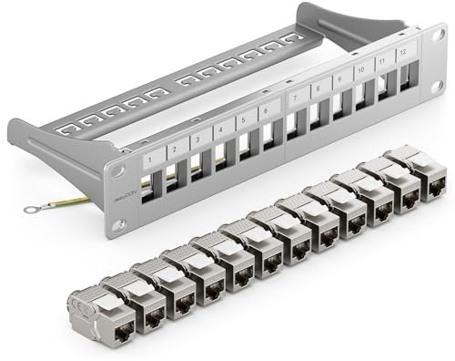 deleyCON 12 Porto Pannello Delle Patch Set Modulare 1 IU 10 Pollici Montaggio Rack + 12x RJ45 Keystone Moduli CAT6a Compatibile con CAT5 CAT6 CAT7 LAN Cavi di Rete Cavi di Posa Grigio