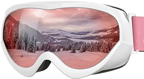OutdoorMaster Kinder Skibrille - Helmkompatible Schneebrille für Jungen & Mädchen mit 100% UV-Schutz - VLT 28% Weißer Rahmen Rose Rote Linse