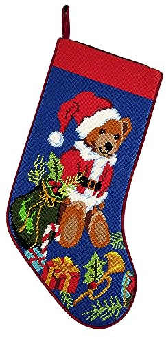 Peking Handicraft Teddy Bear Santa Gifts Embroidered Christmas Stocking - 18 x 11