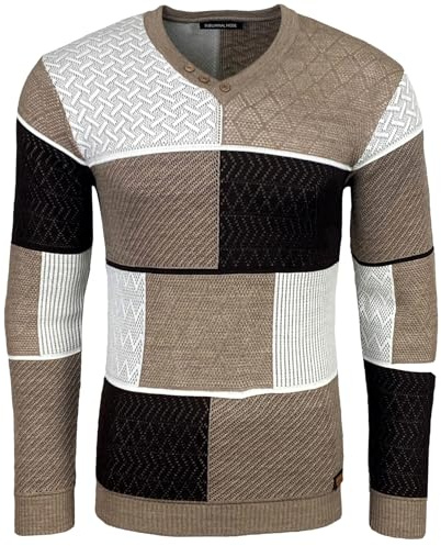 Subliminal Mode Pull Homme en Maille à Col V Boutonné - Style Basique - Coupe Ajustée - Pull Over Tricoté Hiver Manches Longues BX52301 - Beige et Blanc 2XL