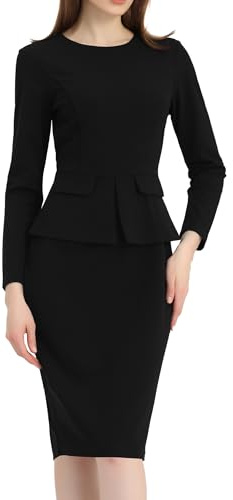 Allegra K Women's Bodycon Dresses Round Neck Long Sleeve Casual Work Outfits Peplum Sheath Dress Black XL