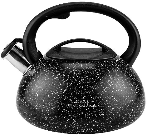 KARL HAUSMANN Bouilloire Inox Noir - 3L - Bouilloire Sifflante - Bouilloire Induction, Gaz - Poignée Résistante à la Chaleur - Bouilloire Traditionnelle Tous Feux - Retro - Théière Gaz - Bouilloir