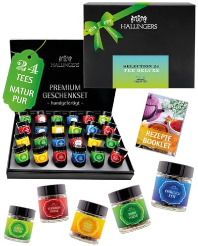 Hallingers Genuss Manufaktur Tee Geschenk-Set - 24 Sorten premium loser Tee Probierset in edler Geschenkbox mit Rezept-Booklet Tee Deluxe Sele..., Geschenkidee für Frauen Männer
