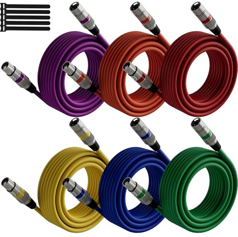 Mygatti Cable de Micrófono XLR 5 Metros (Paquete de 6, Multicolor), macho a hembra, cable patch DMX balance blindado de 3 pines, con supresión de EMI y RFI, compatible con amplificador, altavoz