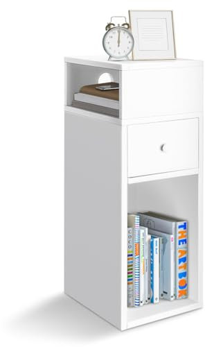 VOUNOT® Mesita de Noche Estrecha con 2 Compartimentos Abiertos y 1 Cajón 25x30x66cm, Mesilla de Noche Pequeña Estilo Moderno, Mesa Auxiliar Alta de Madera para Dormitorio, Salón, Sala de Estar, Blanco