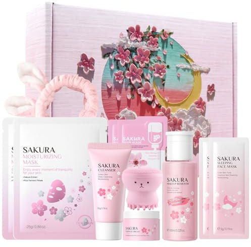 HASAIKA® Set per la Cura Della Pelle Sakura, Kit per la Cura Della Pelle Donna, Set Idratante per La Cura, Idratante e nutriente Include spazzola detergente e fascia per capelli, 11 pezzi