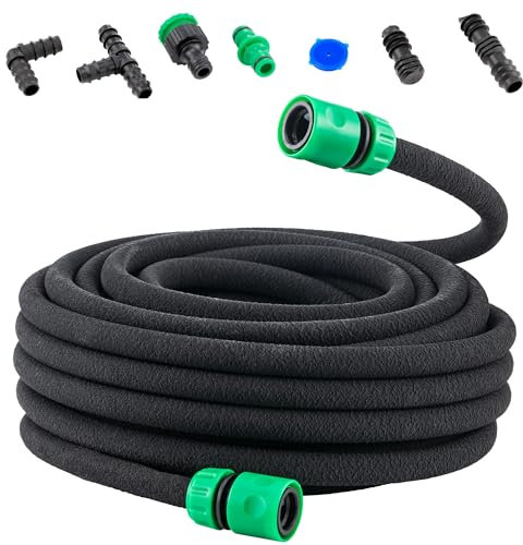 MOOWY Tuyau d'arrosage de 25 m avec 11 raccords – Tuyau d'égouttement en caoutchouc perméable de 1,27 cm pour irrigation de jardin – Tuyau anti-fuite pour arroser efficacement les plantes sur les