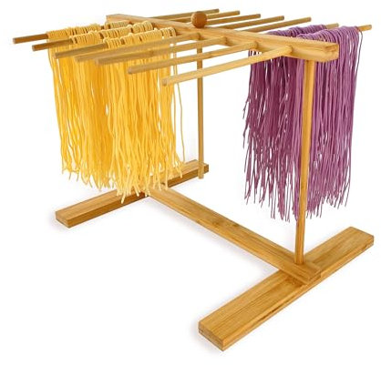 Mozphae Bamboo-Pasta-Drying-Rack with Transfer Wand & 14 Arms, Large Collapsible Fresh Pasta Dryer Holder for Homemade Noodle, Spaghetti, Tagliatelle, Detachable Fettuccine Hanger Stand with 14 Bars