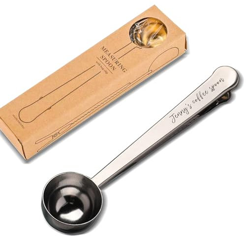 Cucchiaio da caffè personalizzato con clip per sacchetto, cucchiaio dosatore multifunzionale in acciaio inox, ideale per misurare caffè, tè, proteine in polvere, bevande istantanee e altro (17,5 cm)