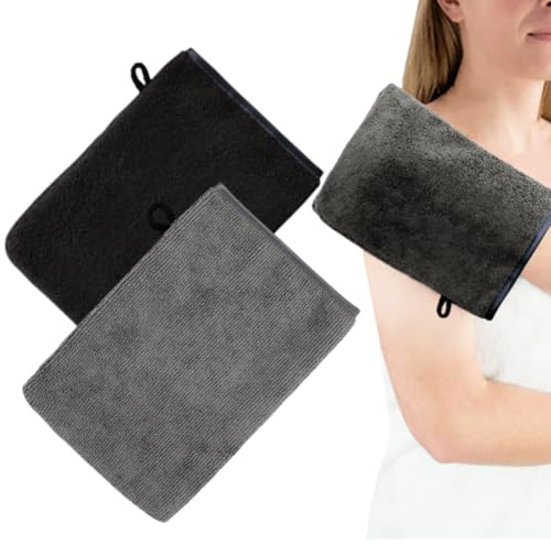OUDQFCJ Lot de 2 Gants de Bain de Tissu éponge, 100% Coton Absorbants et Doux, de Toilette pour Douche, Serviette avec Boucle de Suspension, Gants Démaquillants Réutilisables (15 x 21 cm, Noir，Gris)
