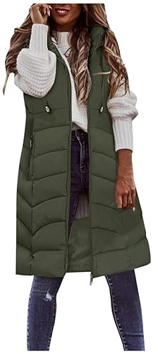 Women's Long Hooded Gilets Puffer Vest Sleveless Hoodies Full Zipper Down Coats Thickened Warm Windbreakers with Pockets Walking Gilet Warm Overcoat Heated Puffer Gilet Outerwear Vest Parka Outwear