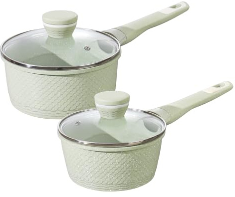 Juego de cacerolas de 16 + 18 cm con tapa, 2,0 L+1.5 L antiadherente, para todas las cocinas, incluida inducción, 100% libre de PFAS y PFOA, mango de baquelita que se mantiene frío y tapa de cristal