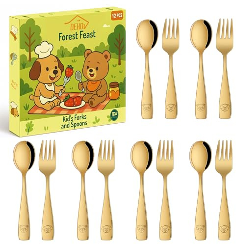 Gold Toddler Fork and Spoon Set, 12 Piece Stainless Steel Kid's Cutlery Set, Metal Small Spoon and Forks for Children, Kids' Eating Utensils Set