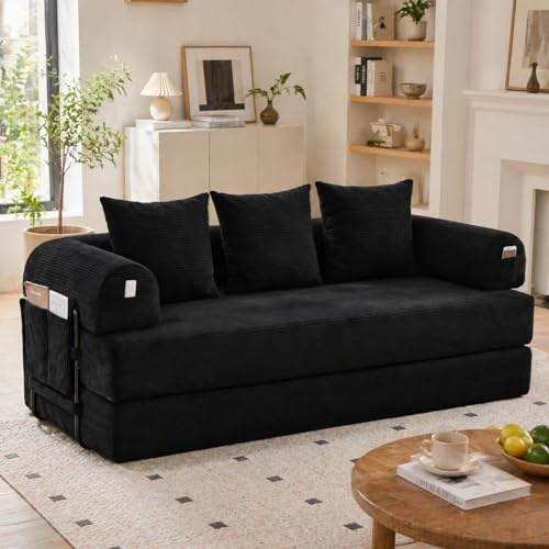 PUGSDRLY Canape Dangle Convertible 3 Places,Canapé Modulable avec 3 Coussins,Sac de Rangement,Modules Combinables Librement,Velours Côtelé,Montage Simple,pour Salon,Chambre(Noir)