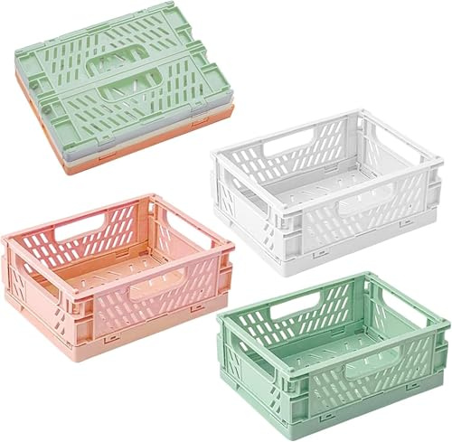 Cajas plegables de plástico set de 3, tamaño 20 x 15 x 9 cm cada una, apilables y compactas, organizador para cajón escritorio oficina y hogar, rosa blanco y verde