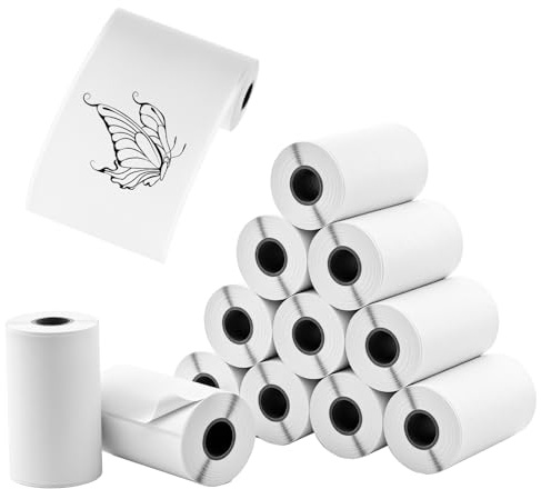 QWORK® Papier Thermique Autocollant 53mm x 3.6m Blanc – Adhésion Renforcée et Impression Nette pour Notes d'Étude, Organisation – Compatible Phomemo M02, T02, M02S, 12 Rouleaux