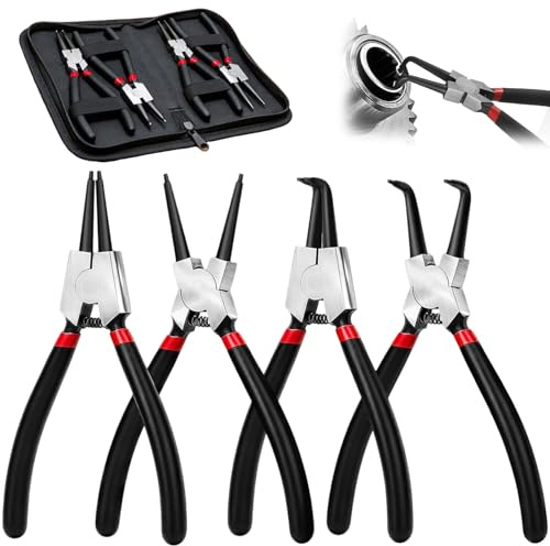 Yooyan Set di 4 pinze per anelli di sicurezza diritti da 17,8 cm, pinze per anelli di sicurezza diritti e curvi, pinze per anelli aperti interni/esterni, con manici antiscivolo e custodia, 180 mm, per