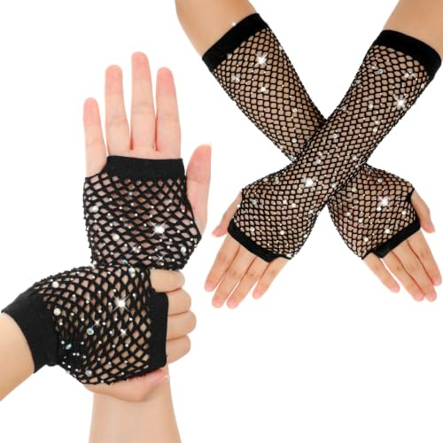 2 Pairs Fishnet Gloves Rhinestone Black Mesh Gloves Fingerless Arm Sleeves | 80s Rhinestone Long Short Fish Net Arm Sleeves For Women And Girls Theme Party Costume Accessory