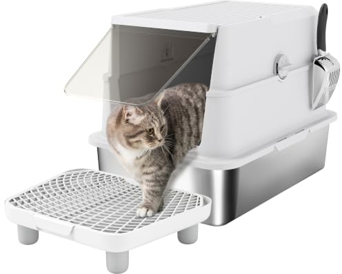 PawHut Kattlåda i rostfritt stål med lock strö filterplatta, XL kattlåda med ströspade, kattlåda med deodorationspåse, för katter upp till 7 kg, lätt att rengöra, ljusgrå