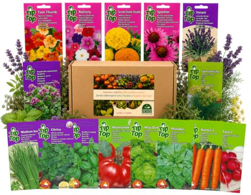 Nojus Colección alemana de semillas de jardín - 15 variedades - Semillas de hierbas, verduras y flores para jardín doméstico, camas elevadas, macetas de balcón y cultivo en cocina - 15 paquetes