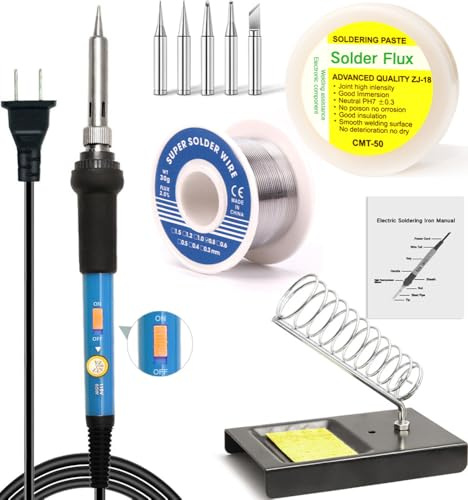 LDK 60W Soldering Iron Kit, Adjustable Temperature Electric Soldering Gun Welding Tools with ON/OFF Switch, Solder Wire, Flux Paste, Soldering Iron Stand, Sponge, 5pcs Tips [110V US Plug]