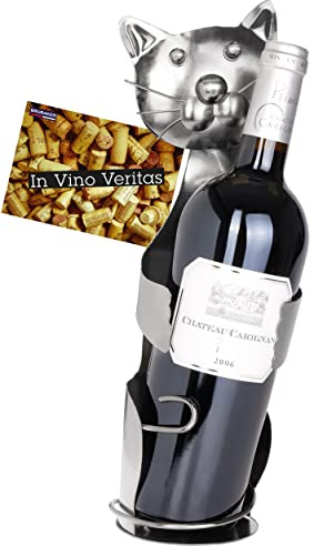 Brubaker Portabottiglie Gatto - Scultura in Metallo portabottiglie che abbraccia un gattino - Regalo di vino in Metallo per gli amanti dei gatti - con biglietto d'auguri