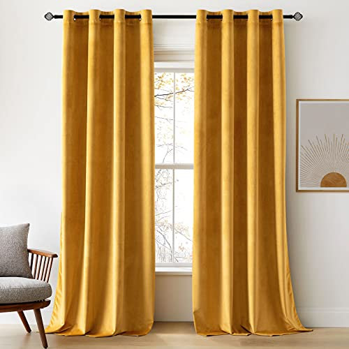 Woaboy Velvet Curtains 90 Drop Mustard Yellow Curtain for Living Room Thermal Blackout for Bedroom Luxury Eyelet Drapes Soft Window Treatment Insulated Soundproof & Room Darkening W 46 x L 90 2 Panels