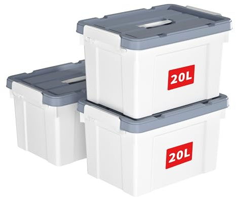 Cetomo 20L*3 Caja de Almacenamiento con Asa, Caja de Plástico con Tapa y Cierre Seguro, Contenedor de Almacenamiento, Duradera, Apilable, Resistentes, Blanco, Paquete de 3 de 20L