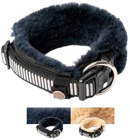 Chris innovatives Hundehalsband aus Lammwolle, Halsband vermindert erheblich Haarbruch, gepolstert, reflektierend, verstellbar, für kleine mittel große Hunde in L (45-55cm)