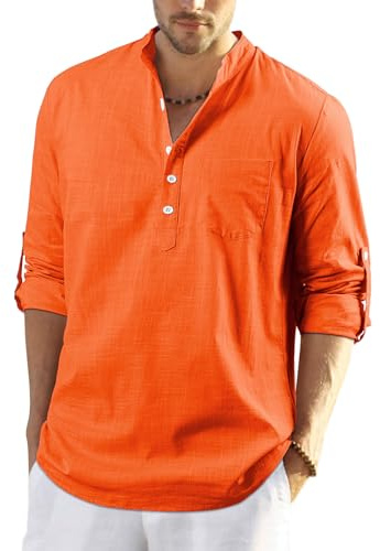 Enlision Mens Orange Cotton Linen Autumn Long Sleeve Collarless Grandad Shirts Button Down Causal Lightweight Yoga Top XL