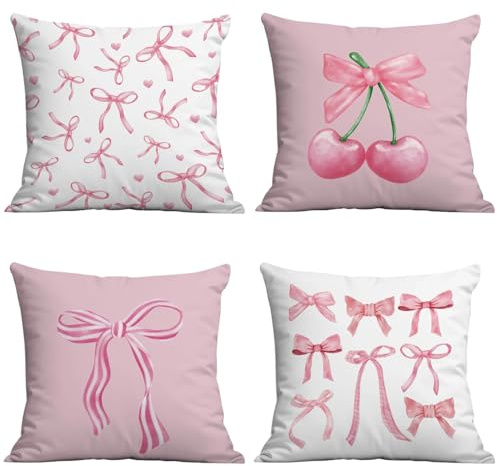 4 Packs Plush Fabric Cushion Covers, 45x45cm Pink Pillowcase for Home Decor Double-Sided Printing Watercolor Room Decor for Teen Girls Cute Coquette Pillow Covers for Living Room Decoration (B)