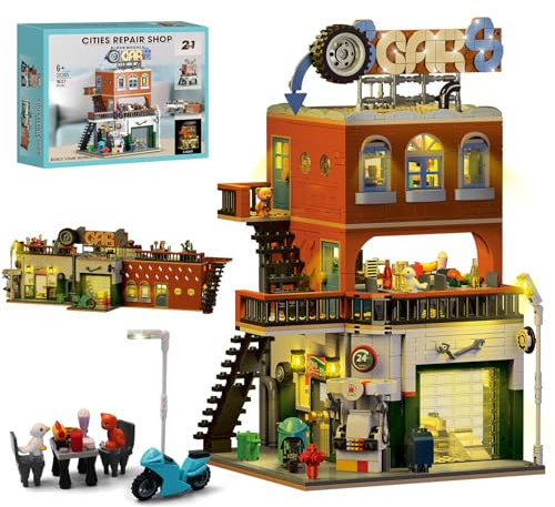 Kit Costruzione Casa Riparazione Auto 2 IN 1 e Luce LED, Costruisci 2 Set Case Include Officina, Ristorante, Minimarket, Set Giocattoli Costruzioni per Adulti Maschio Uomo, Regali Compleanno, 1637PCS