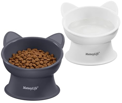 MateeyLife Ciotole per Gatti Rialzate, Set da 2 Ciotole Rialzate per Gatti con 15 Gradi, Ciotola Rialzata per Gatti da Interno e Cani di Piccola Taglia, Anti-affaticamento dei Baffi, Bianco & Grigio