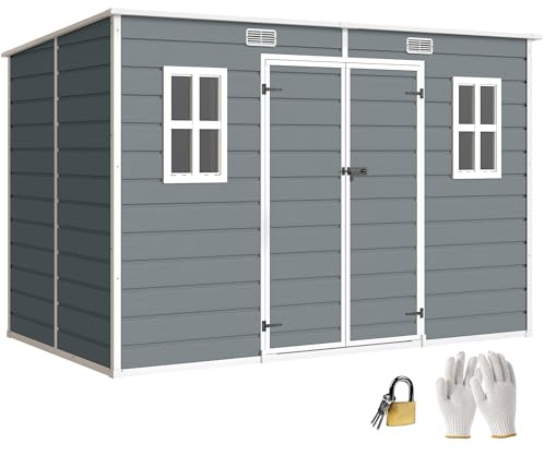 Outsunny Casetta da Giardino 4.96m² in PP e Alluminio con Pavimento, Capanno da Giardino Porta Attrezzi con Doppia Porta Bloccabile, Prese d'Aria, Finestre, Tetto Inclinato, Guanti, Grigio