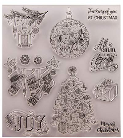 Amosfun Christmas Clear Stamp Merry Christmas Stamps Christmas Tree Ball Giftbox Patterns Silicone Stamps Clear Rubber Stamp for DIY Scrapbooking Card Making Decoration