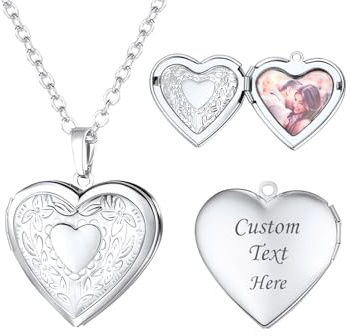 U7 Collier Coeur Femme Platiné Chaîne Pendentif Porte Photo Personnalisé avec Gravure Fleur et Coeur - Collier Personnalisé