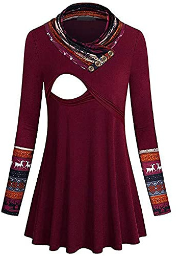Dam höst och vinter tryck långärmad vardaglig moderskap amningsklänning för amning moderskap amning toppar långärmad amning t-shirt graviditet kläder amning klänning amning, B-röd, XL