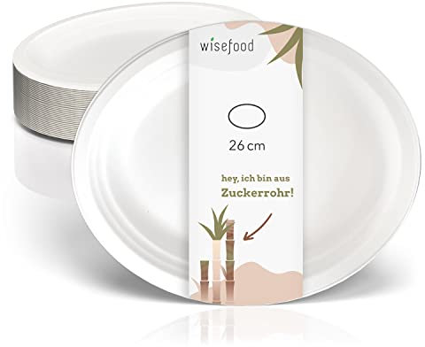 wisefood Zuckerrohr Teller - 100 Stück Bagasse Einwegteller oval 26cm - Einmal Pappteller ideal als Partyteller oder Speiseteller - Biologisch abbaubares Zuckerrohr Geschirr ohne PLA/PE