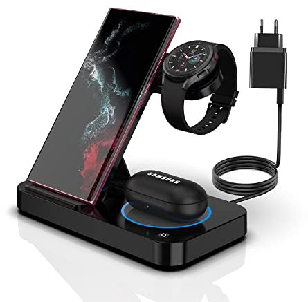Chargeur sans Fil Rapide, Chargeur Induction 3 en 1 Magnétique Compatible avec Samsung Watch 5/Active 2, Chargeur Induction pour Galaxy Z Flip/Z Fold/S24 Ultra/S23+/S22/Galaxy Buds/Pro/+