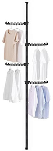 Hershii Telescopic Clothing Rack for Hanging Clothes Laundry Tension Pole 4 Tiers Coat Tree Garment Drying Stand Floor to Ceiling Corner Storage Organizer Holder for Indoor, Balcony - Black