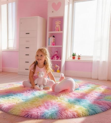 VOFUSHON Matta rund hög lugg matta vardagsrumsmatta lång lugg mattor för vardagsrum fluffig lurvig sovrumsmatta utomhus matta ( 120 cm rund, regnbåge)