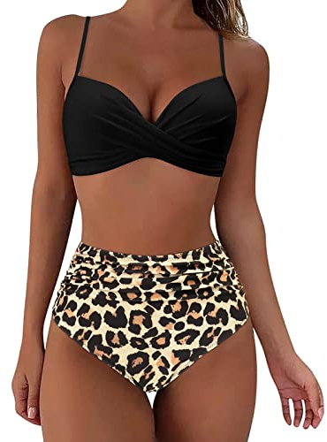 Women's Swimwear High Waisted V Neck Solid/Printed Women Bikini Set Push Up Vintage Beachwear Sexy Bikini Ladies Tankini Swimwear Sets Padded Bikini Bandeau Bikini Khaki