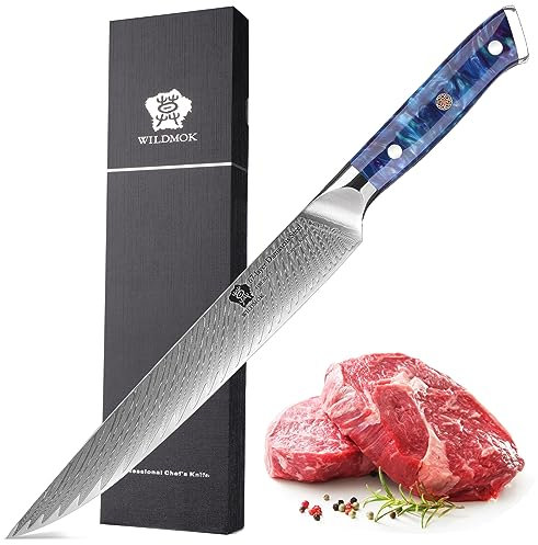 WILDMOK Cuchillo de trinchar Damasco, cuchillo de carne profesional afilado de 22cm, cuchillo de cocina multifuncional hecho de acero japonés Super VG10 con mango de espiga completa