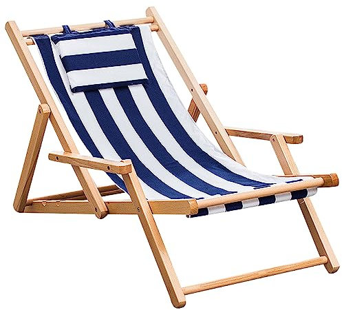Chaiselongue-Stühle für den Außenbereich, Set aus 2 Terrassenliegen mit 4-Fach Verstellbarer Rückenlehne und Armlehnen sowie Baumwollleinenstoff, Liegestuhl aus Holz für Strand, Pool und Bal