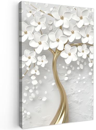 MuchoWow© Cuadros Decoracion Salon Modernos 20x30 cm Lienzos de Fotos Pared Wall Art Lienzo Decoração Cuadro de salones Árbol - Flor - Blanco - Oro